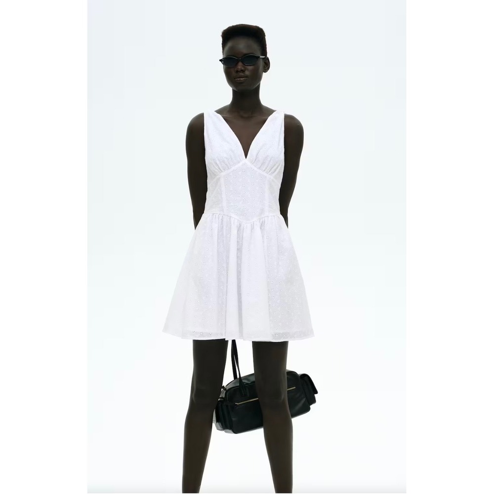 H&M Divided White Cotton Eyelet Babydoll Mini Dress‎ XXL V-Neck Sleeveless New